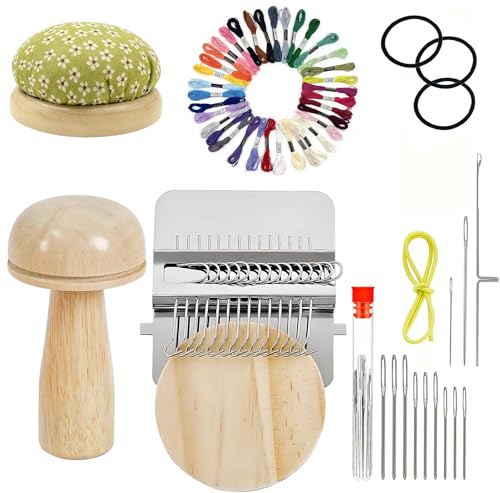 Semyifu Mini Darning Loom Mushroom Knit Patch Kit knitpatch kit for Beginners with 14 Hooks patchmaker Loom for Jeans Socks Clothes Repair Includes Needles Threads & Pin Cushion (Random Pattern)