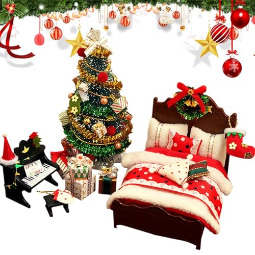 クリスマス ドールハウス アクセサリー | ミニ手作りツリー・ベッド・ピアノ模型玩具,クリスマス 家具 モデル | ホリデー 冬 ホーム ルーム パーティー お祝い 子供 大人用