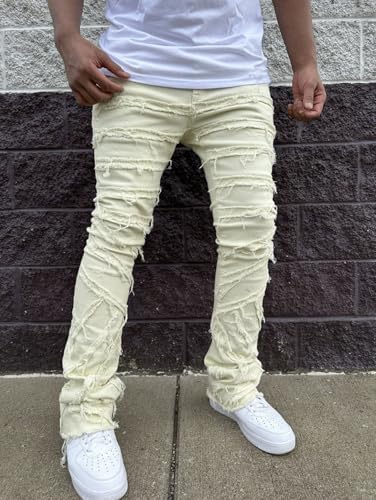Jeans Pants Trouser Denim Stretch Trendy Street Personality Stacked Edge Tassel Workwear Straight Leg for Men3