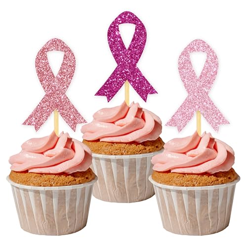 24 Pcs Glitter Pink Breast Cancer Awareness Ribbon Cupcake Toppers Fight Hope Believe Breast Cancer Party Cupcake Picks for Cake Decoration Supplies
