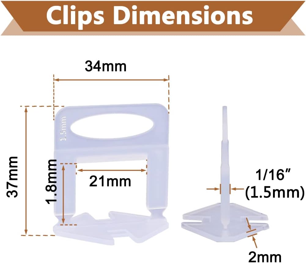 Tanzfrosch 600 PCS Tile Leveling System Clips 1/16''(1.5mm) 600-Piece Tiles Leveler Spacers Tool for Professional Ceramic Tile and Stone Installation - - 