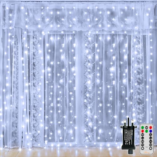 Ollny Curtain Fairy Lights, 300LED 3mx3m Waterfall Hanging String Lights Mains Powered, Waterproof Window Light with Plug/8 Modes/Remote/Timer for Bedroom/Wall/Outdoor/Wedding/Garden/Party,Cool White