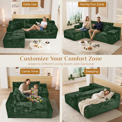 Image of 108 inch Boneless Cloud Sectional Couches for Living Room, Comfy Fluffy L Shaped Memory Foam Deep Seat Boneless Couch, Modular Sectional Sofa with Left Facing Chaise, Green
