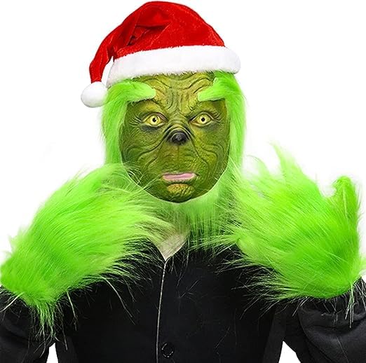 SINSEN Christmas Mask Furry Gloves Hat Green Big Monster Latex Full Head Mask Christmas Halloween Carnival Cosplay Costume Props Fancy Dress Mask for Adults - Image 2
