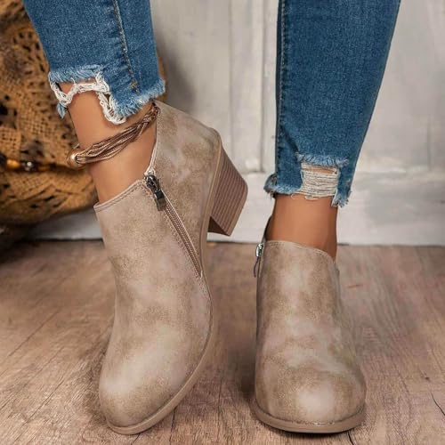 Womens Slip on Ankle Boots V Cutout Round Toe Chunky Stacked Low Heel Booties Fashion Side Zipper High Top Comfortable Short Boots Women's Casual Dress Block Heel Walking Booties2
