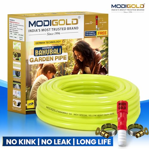 Image of 3 /4 Inch Garden Hose 15 Meter (0.75 Inch) - Heavy Duty Yellow PVC Water Pipe with Tap Connector & SS Clamps | Flexible Watering & Car Wash Hose