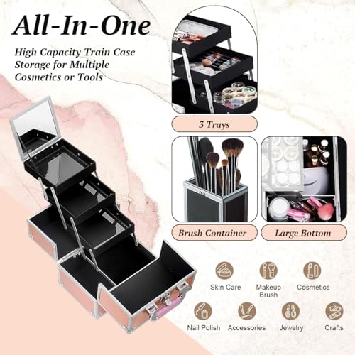 Image of MAYCREATE Portable Makeup Organizer Suitcase Aluminum Alloy Travel Suitcase Multi Compartment Stackable Drawers Design Make-up Artist Train Case with Makeup Mirror & Makeup Brush Holder