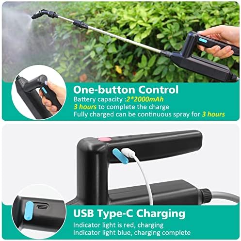 Battery Powered Sprayer 5L, Upgrade Electric Sprayer with 3 Mist Nozzles, USB Rechargeable Handle and Retractable Wand, Garden Sprayer, Weed Sprayer&Water Sprayer with Adjustable Shoulder Strap