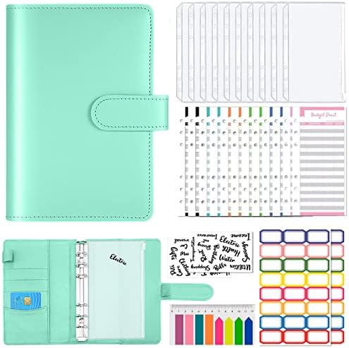 A6 Binder Notebook, with Zipper Pockets Envelopes, Color Budget Sheets, Letter Sticker Labels, Colored Frame Sticky Labels, PU Leather Binder Pockets Notebook for Student Office School Supplies