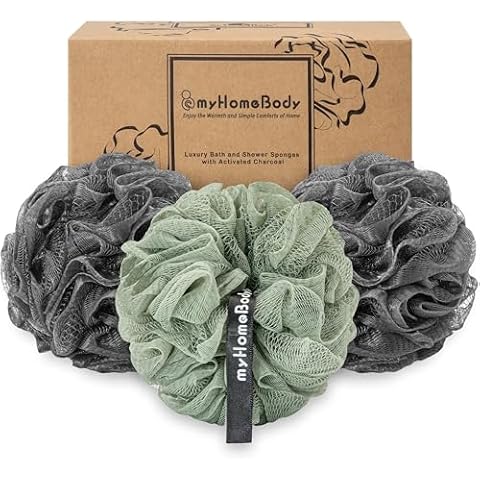 myHomeBody Large 70g Loofah Sponge, Bath Body Scrubber for Women, Men, Exfoliating Shower Pouf with Activated Charcoal - 2 Graphite Gray + 1 Sage Green, 3 Pack Cover