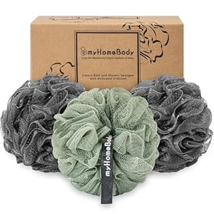 myHomeBody Large 70g Loofah Sponge, Bath Body Scrubber for Women, Men, Exfoliating Shower Pouf with Activated Charcoal – 2 Graphite Gray + 1 Sage Green, 3 Pack