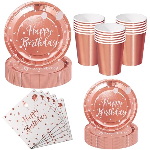 Nkaiso Platos y Vasos para Cumpleaños, 50 Piezas Rosa oro Platos Carton Desechables Set, 10x 23cm & 10 x 18cm Platos Fiesta, 10 Vasos, 20 Servilletas - Para decoración de cumpleaños -10 Invitados