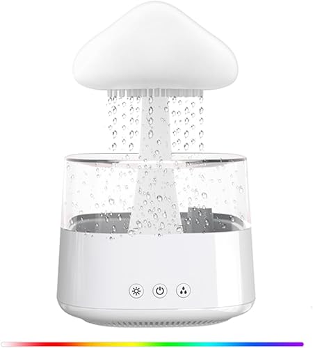 Humidificador de agua con forma de hongos, lluvia y nube, 15.2 fl oz, 7 colores, luz nocturna, difusores de aceite esencial, sonidos de lluvia que