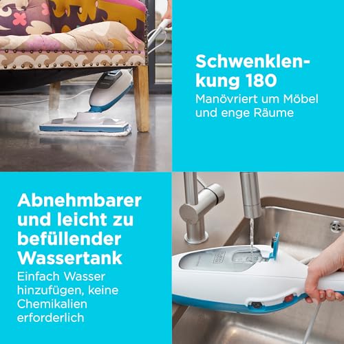 BLACK+DECKER 1300W 5-in-1 Dampfbesen Steam Mop (Dampfreiniger für hygienische, gründliche Sauberkeit, 5-teiliges Zubehörset + herausnehmbares Handdampfgerät, einfache Bedienbarkeit) FSMH13E5-QS