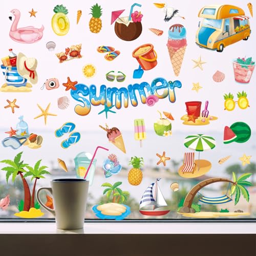 Autocollants Fenêtre Été, 134 Pièces Plage Fruits Glace Stickers Vitre Statique Verre Autocollant DIY Été Decor pour Chambre d'enfant Fête Maison Fenêtres Portes Verre Boutique École