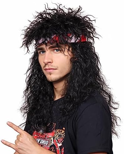 80s Wig with Bandana for Men Long Curly Black Rocker cosplay wig for Halloween