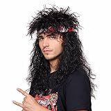 80s Wig with Bandana for Men Long Curly Black Rocker cosplay wig for Halloween