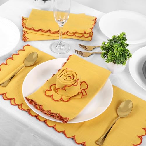 Image of FINGERCRAFT Scallop Edge Cloth Napkins | Set of 6 | 20x20 Inches | 100% Cotton | Table Napkins for Any Occasion | Washable, Perfect for Parties and Everyday Use (Yellow Slub, Set of 6)