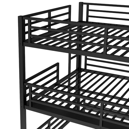 Image of Queen Over Full XL Over Queen Bunk Bed, Metal Triple Bunk Bed with Safety Guardrails, Modern Bed Frame for Kids, No Box Spring Required, Black