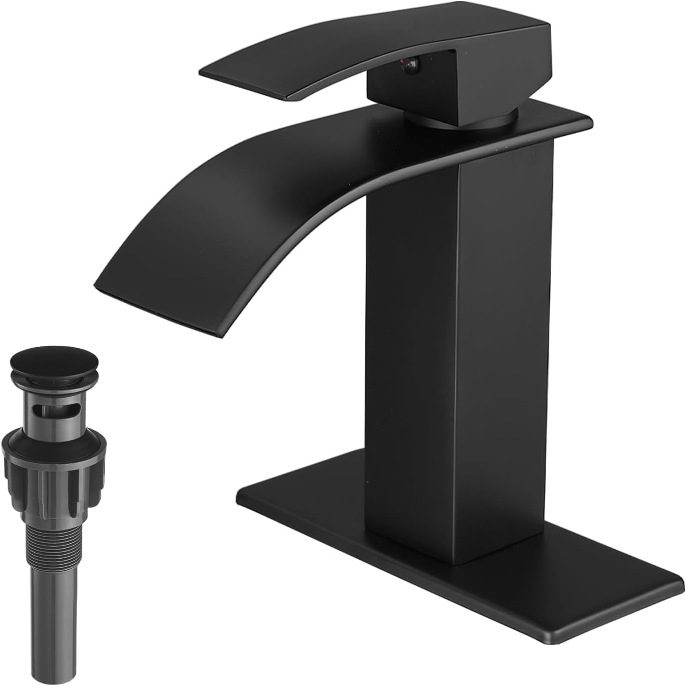 VOTON Black Bathroom Faucets Modern Waterfall Bathroom Sink Faucet Matte Black Single Handle Bathroom Faucet for 1 or 3 Holes with Deck Plate and Pop-Up Drain, Rv Sink Camper Farmhouse Bathroom Faucet Regular version: 7.5 inches in height Matte Black
