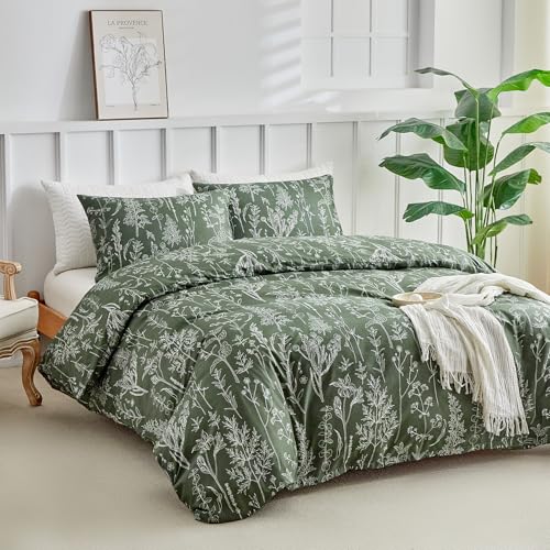 Tokokimo Juego de funda de edredón para cama de matrimonio con estampado de flores pequeñas (1 funda de edredón y 2 fundas de almohada), microfibra suave, 200 x 200 cm, color verde bosque