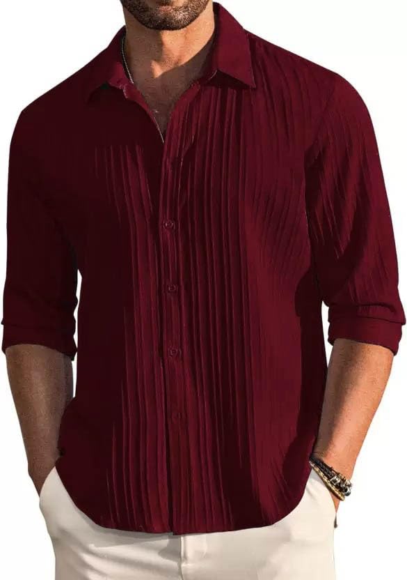 DEELMO Men's Red Textured Long Sleeve Shirt - Image 3