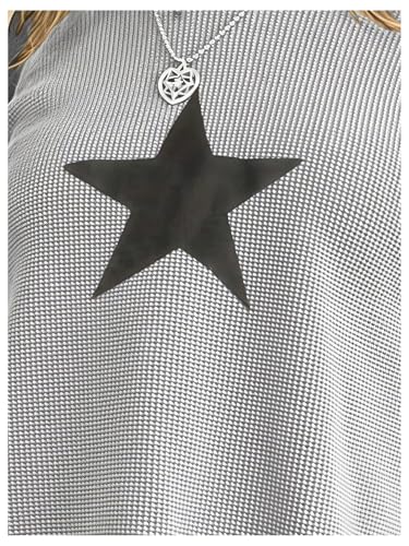 Image of MakeMeChic Girl's Star Print Color Block Crew Neck Long Sleeve Tee Shirt Y2K Tees Top Grey 16Y