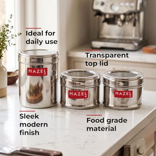 Image of HAZEL Stainless Steel Kitchen Containers Set of 3 | Top See Through Stainless Steel Airtight Masala Box for Kitchen Storage with Airtight Lid, Silver