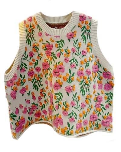 Lunoakvo Women Pink Peach Flower Embroidery Knitted Sleeveless O-Neck Knitwear Sweater Vest