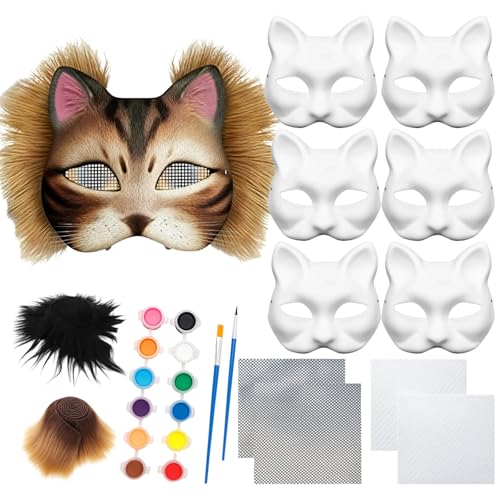 PDirat Katzenmaske DIY Set 15-Teilige Therian Masken Mit Zubehör Ideal Für Halloween Cosplay Und Karneval Inklusive 6 Masken 4 Netzstoffe 2 Flauschstreifen 2 Pinsel Und 1 Farbkasten