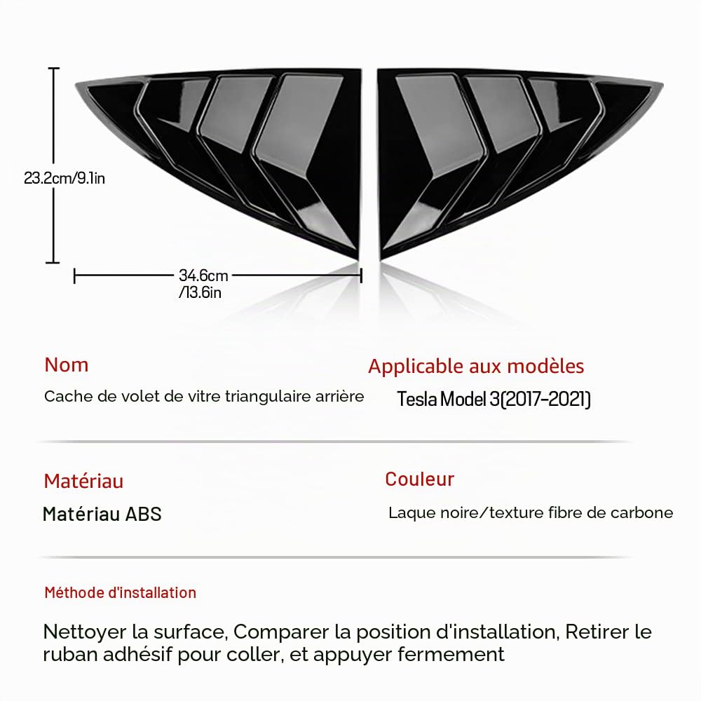 KUNGKIC Lot de 2 Pare-soleils de fenêtre arrière pour Tesla Modèle 3 2017–2021 - Protection de Pare-Brise en ABS - Protection Contre Le Soleil et la Pluie - Style Sportif - Décoration (Noir Brillant)