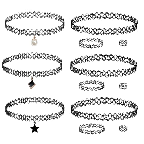 DYSWTUE 12 Pièces Colliers Ras du cou Des Années 90, Colliers Élastiques Extensibles Noir, Bijoux Gothiques Vintage avec Chaîne Tatouage pour Cadeau Style...