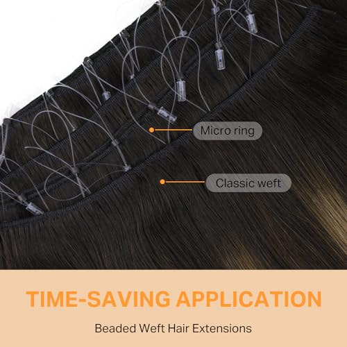 Image of DOORES Beaded Weft Extensions Hair, 14 Inch 80g Balayage Dark Brown to Chestnut Brown Hair Extensions Real Humen Hair Micro Bead Weft, Straight