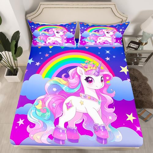 Homewish Drap Housse 90x190 Fille Licorne Arc-en-Ciel, Drap de Lit Princesse pour Enfant Fille, Drap-Housse Cheval Magique, Housse de Matelas Animalier Mignon,...