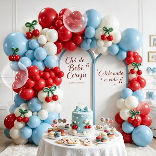 Image of Blocesa Cherry Red White and Blue Balloons Arch Kit, Cherry Party Decor.