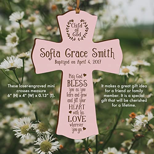 Image of LifeSong Milestones Pink Wooden Wall Cross: Family Celebrations Baptism, Christening, and First Communion - Religious Keepsake for Baby Girls - Baptism Gifts, Favors, and Decorations