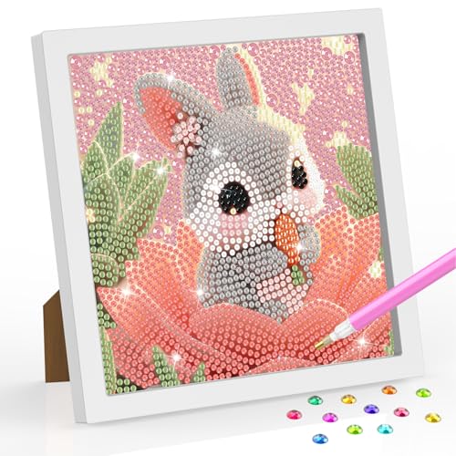 SENQAO Rabbit Diamond Art Kits for Kids with Frame Easter Diamond Painting for Kids Ages 4-8-12 Easy Kids Gem Art Kit with Beautiful Package for Home Wall Decoration(7.1x7.1inch)