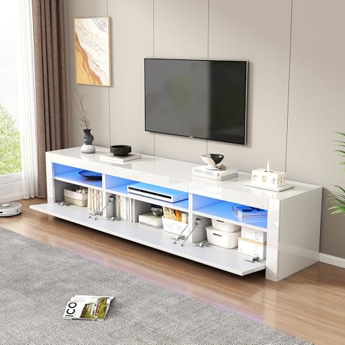 Goeria Mueble de TV blanco brillante con iluminación LED y espacio de almacenamiento, armario de TV con puerta de armario abatible, panel bajo blanco, puede acomodar televisores de 80 pulgadas, 190 x