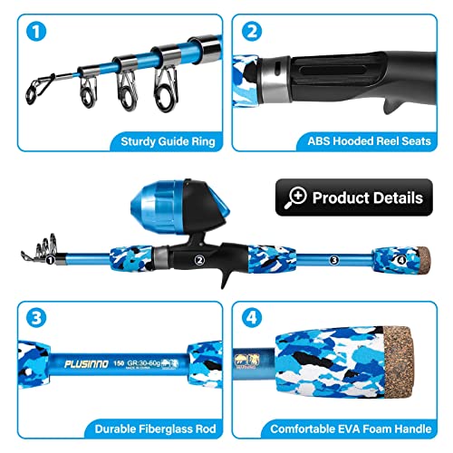 Plusinno Kids Fishing Pole With Spincast Reel Telescopic Fishing Rod Combo Full Kits For Boys, Girls, And Adults(Blue, 150Cm 59.02In) #TOP2