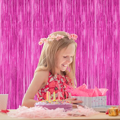 Image of ZATAYE 2 Pack Rose Red Valentines Foil Curtain Streamer Decorations | Rose Red, Metallic Foil, 3.28 x 7.05 FT, Tinsel Backdrop, Foil Curtain Streamer, Valentines Party Decorations