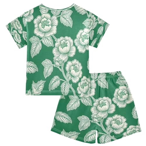 senya Short Sleeve Pajamas Sets Summer Cotton Sleepwear Green White Flower2