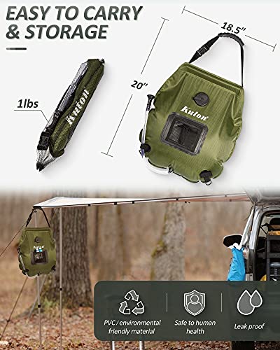 Kuton Camping Shower Bag, Portable Solar Heating Camp Shower 5 Gallons/20L With Shower Head & Temperature Indicator For Outdoor Hiking - Green 2Pack #TOP3