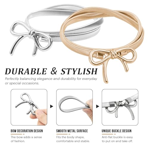 2 Pcs Bow Belts For Women, Skinny Gold Belt Waist Belt, Adjustable Stretchy Fashion Waistband With Bow-Knot for Dresses Jeans3
