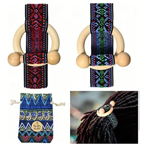 Nutty Natte 2 Pcs Knotted Elastic Hair Ties for Dreadlocks, Thick Hair - Extra Wide Embroidered Rubber and Wood Toggle Ponytail Holders, Loc Bands Cover