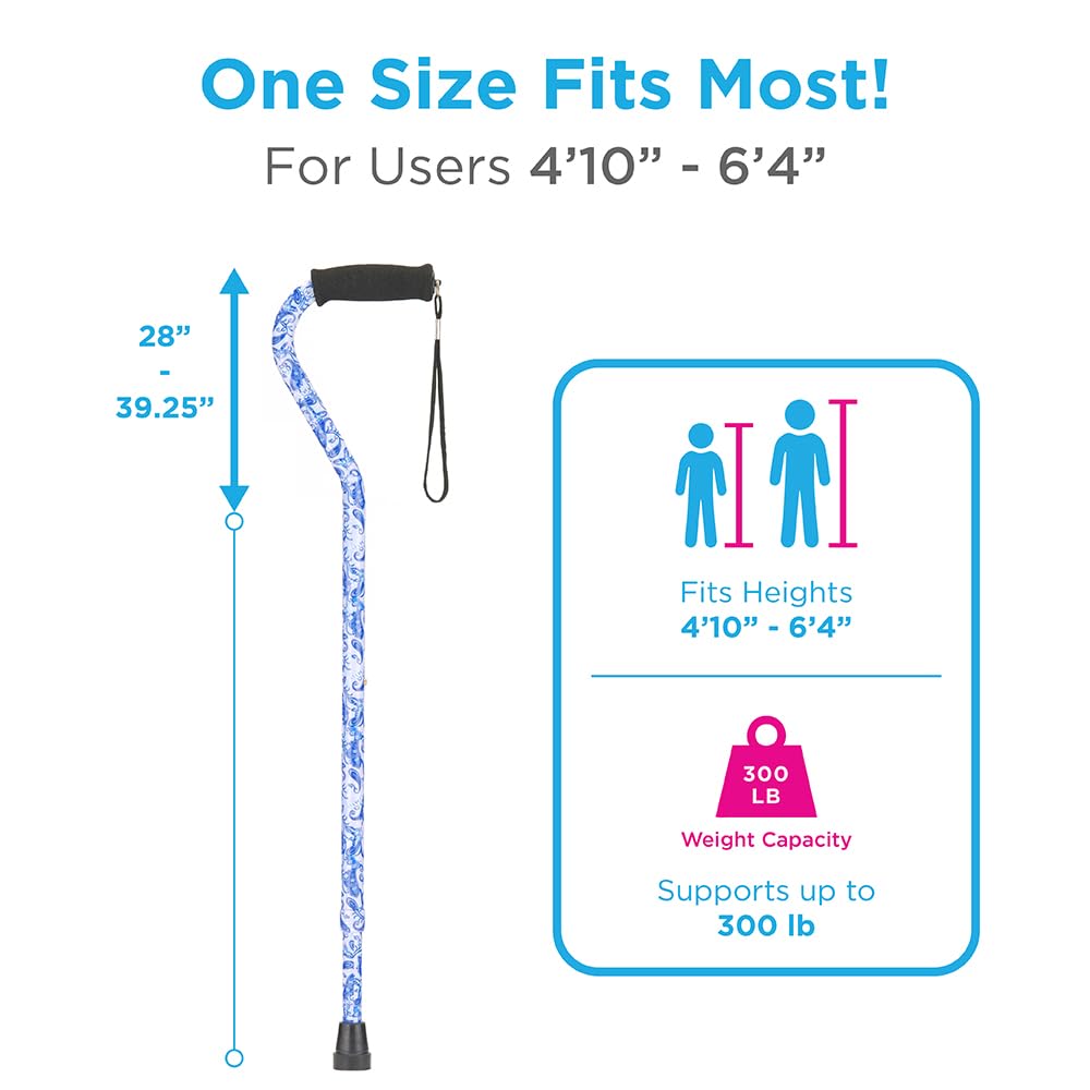 NOVA Medical Products Designer Walking Cane with Offset Handle, Lightweight Adjustable Walking Stick with Carrying Strap, “Blue Porcelain” Design