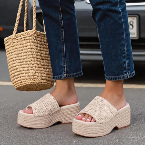 Image of EQAUDES Platform Slip on Espadrille Sandals for Women Summer Wedges Slides -Flatform, Open Toe, Bohemia, Beach, Wedding