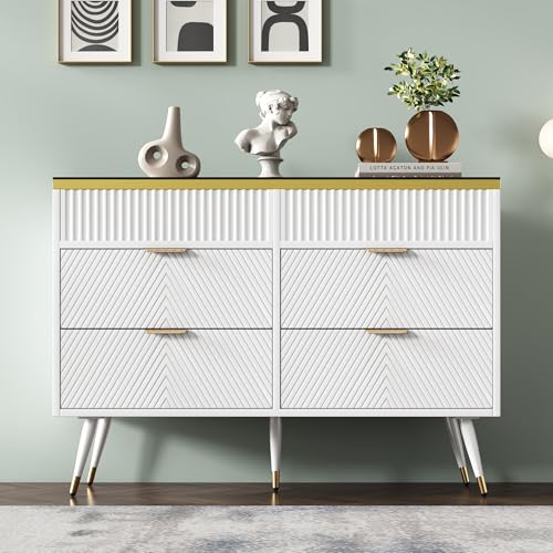 ModernLuxe Commode Sideboard en Verre Amber, Meuble à 6 Tiroirs avec Compartiments, Design Moderne, Stabilité Assurée, Idéal pour Chambre à Coucher et Tous Espaces,...