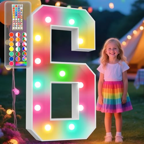Image of Ledido 4FT Marquee Light Up Numbers, 34 Colors Changing Marquee Numbers 4 Feet Tall with Remote, Big Numbers for Party Wedding Graduation Birthday Decoratoons, Large Light Up Number 6
