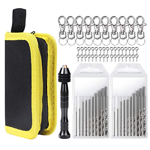Mini Hand Drill for Resin Molds, LEOBRO 1 Black Pin Vise, 20 PCS Drill Bits, 50 PCS Eye Screw, 10 PCS Swivel Hook with Key Ring, in 1 Portable Tool Bag, for DIY Keychain Jewelry Art Crafts Making