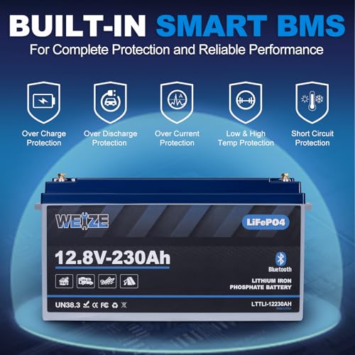 Image of WEIZE 12V 230AH Bluetooth LiFePO4 Lithium Battery, Grade A Cells, 200A BMS, Low-Temp Protection Deep Cycle 600A /5S Peak Discharge Battery for Marine, Solar System, RV, Camping, Off Grid
